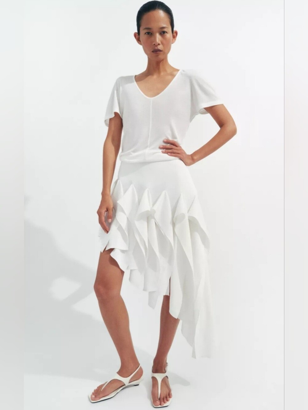 ZARA ZW COLLECTION ECRU/WHITE AYSMMETRIC RUFFLED SKIRT ✨️✨️✨️